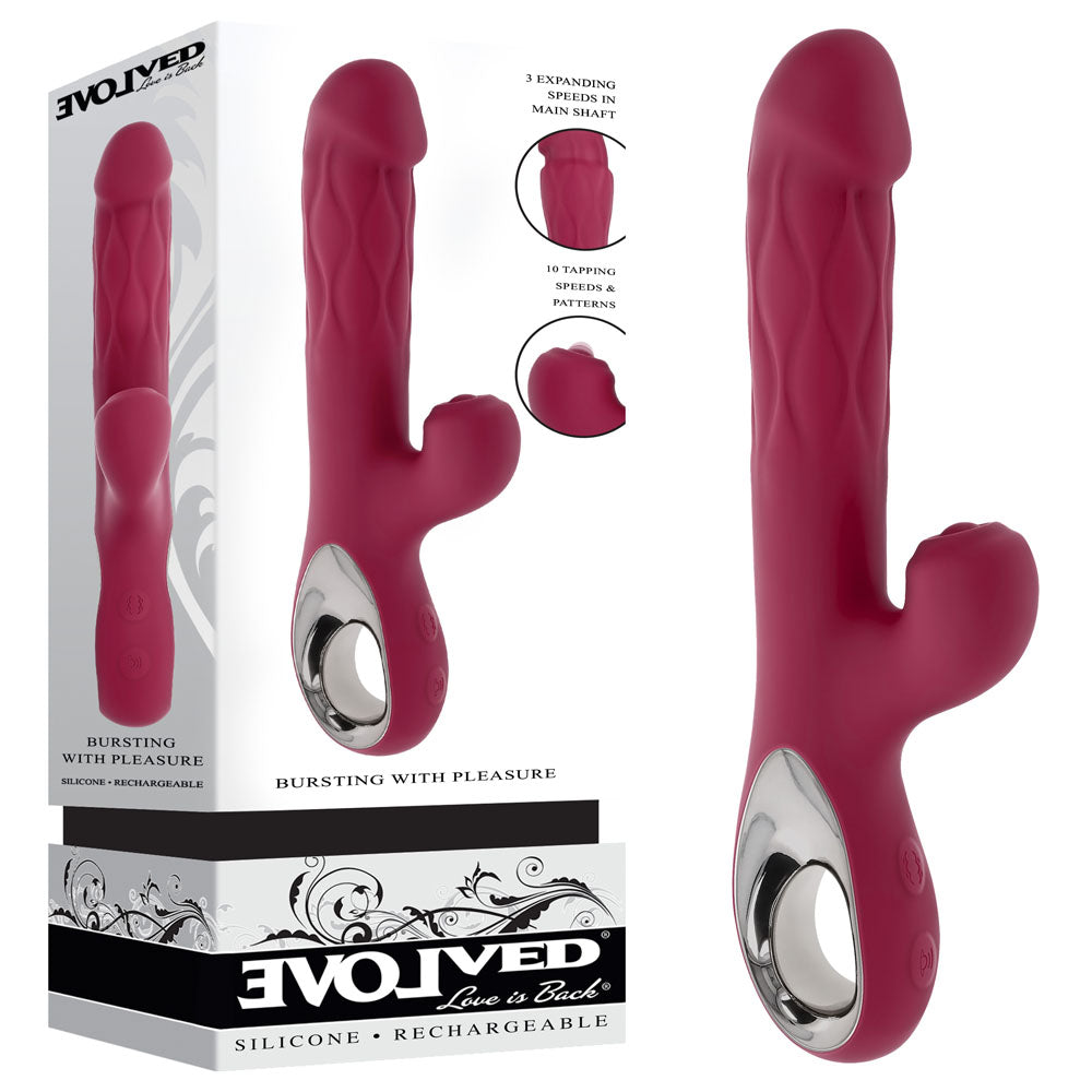 Evolved BURSTING WITH PLEASURE - 25.4 cm USB Rechargeable Vibrator with Tapping Clitoral Stimulator