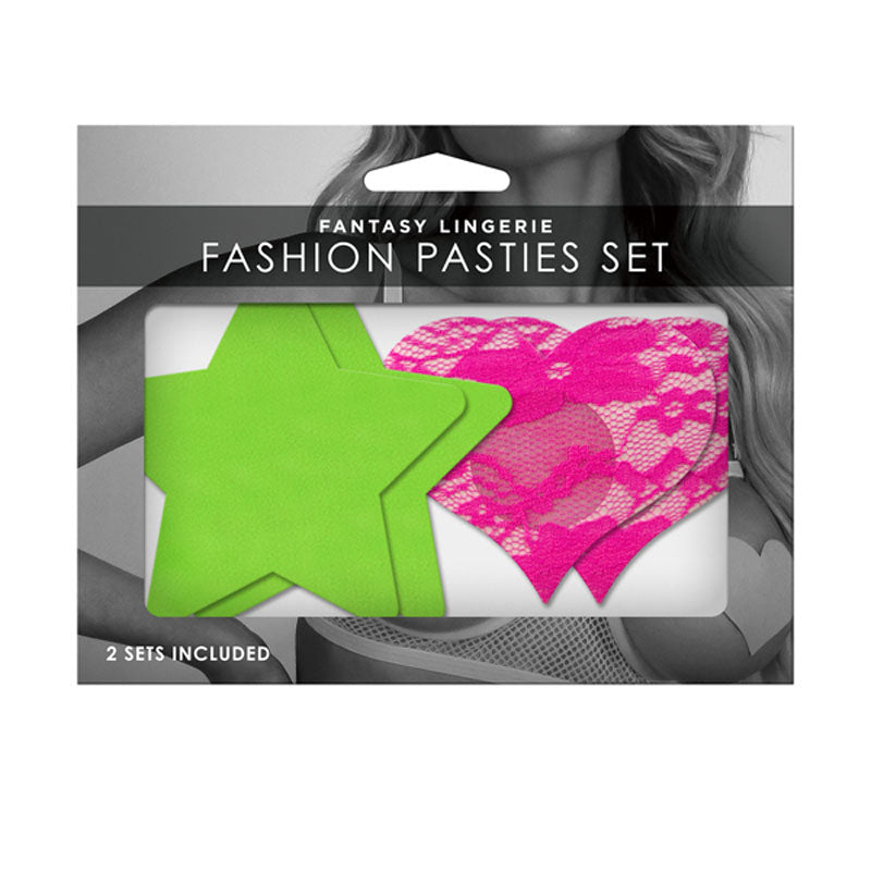 GLOW Fashion Pasties Set - Neon Green & Solid Pink - 2 Sets Included