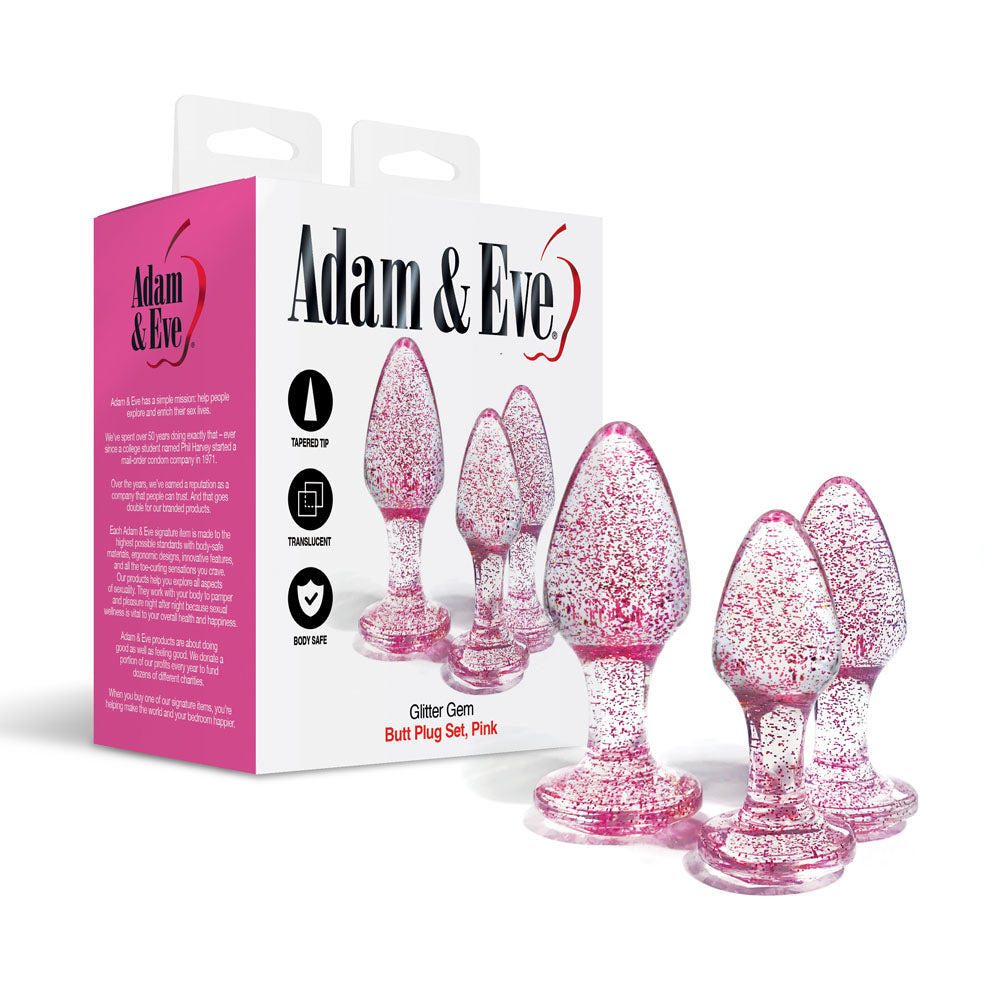 Adam & Eve Glitter Gem 3-Piece Butt Plug Set - - Glitter Butt Plugs - Set of 3 Sizes