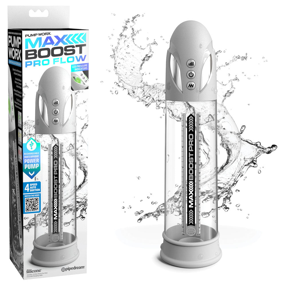 Pump Worx Max Boost Pro Flow - - /Clear USB Rechargeable Waterproof Auto Penis Pump