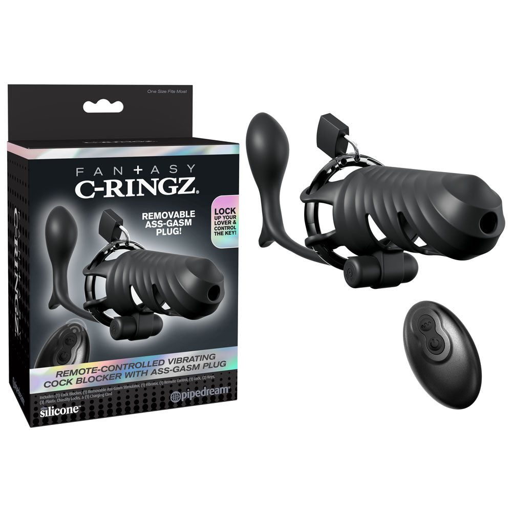 Fantasy C-Ringz Remote-Controlled Vibrating Cock Blocker with Ass-Gasm Plug - Vibrating Cock Cage with Anal Plug