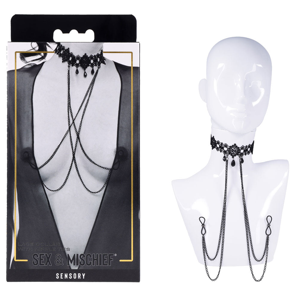 Sex & Mischief Lace Collar with Nipple Ties - Neck and Nipple Restraints