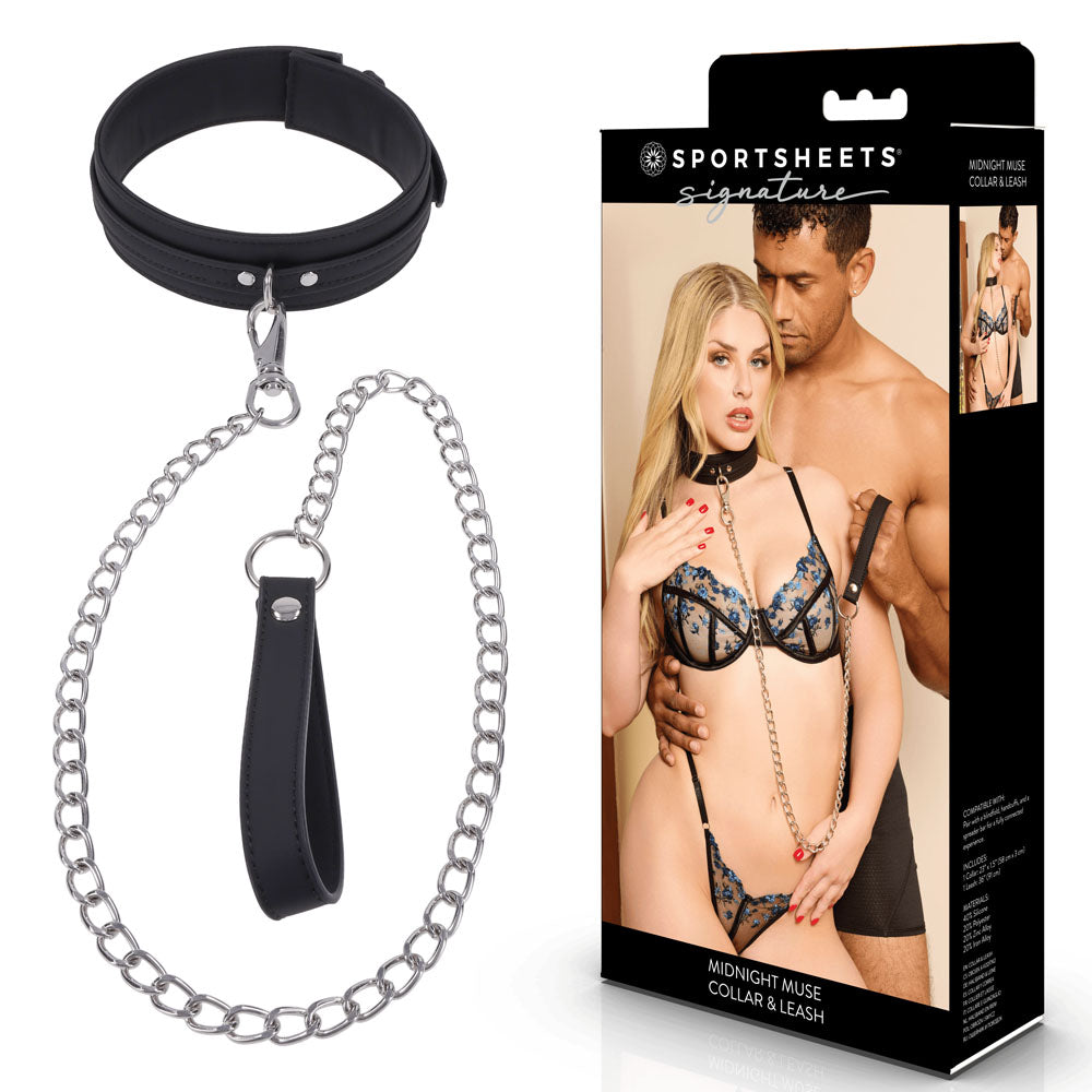 SPORTSHEETS Signature Midnight Muse Collar & Leash - Adjustable Restraint