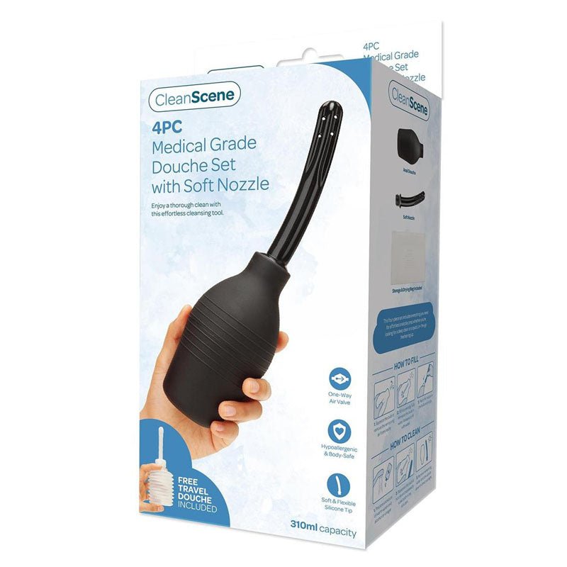 CleanScene 4 Piece Medical Grade Douche Set with Soft Nozzle - 310 ml Capacity with Free Travel Douche Included - Pleasure Den