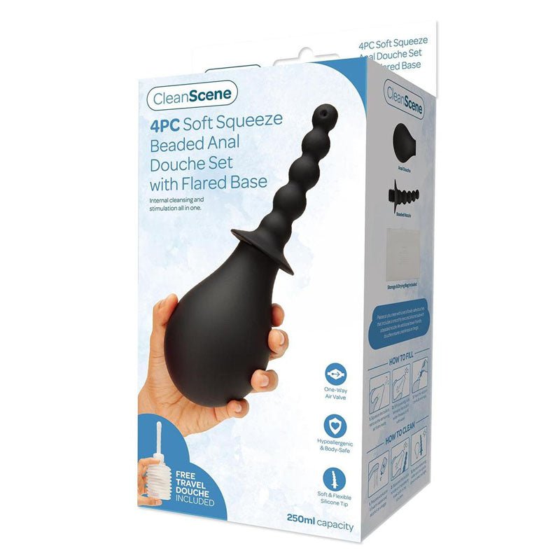 CleanScene 4 Piece Soft Squeeze Beaded Anal Douche Set with Flared Base - 250 ml Capacity with Free Travel Douche Included - Pleasure Den
