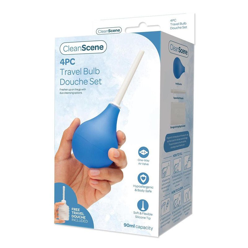 CleanScene 4 Piece Travel Bulb Douche Set - 90 ml Capacity with Bonus 150 ml Travel Douche - Pleasure Den