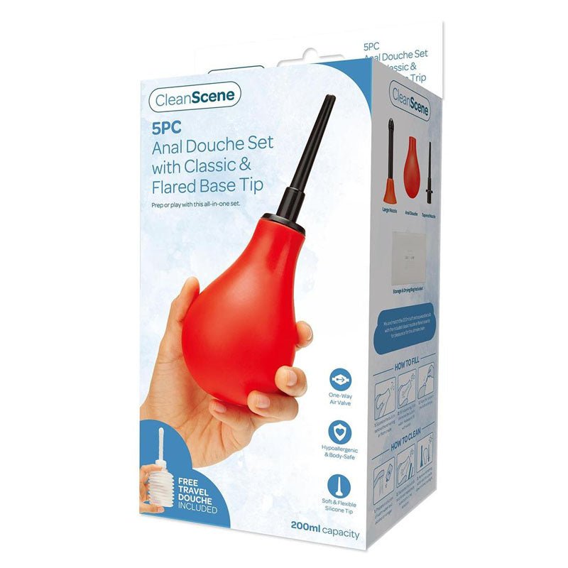 CleanScene 5 Piece Anal Douche Set with Classic & Flared Tips - 200 ml Capacity with Free Travel Douche Included - Pleasure Den