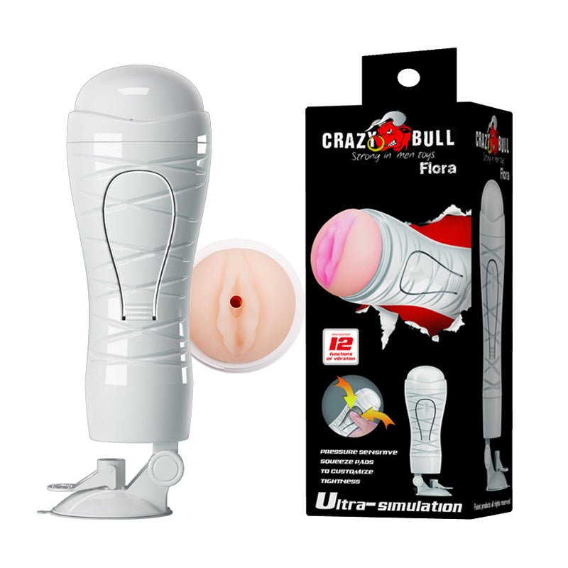 CRAZY BULL FLORA Vibrating Stroker - USB Rechargeable Vibrating Squeezeable Vagina Stroker with Suction Base - Pleasure Den