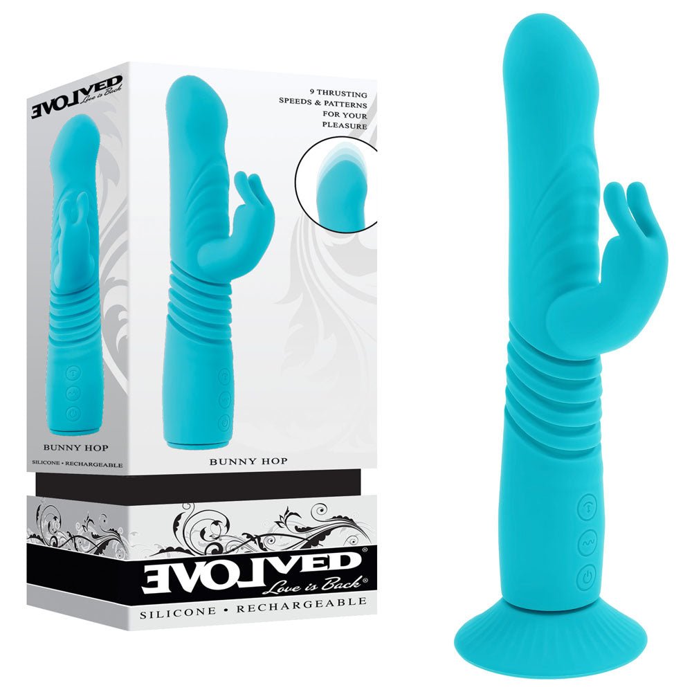 Evolved BUNNY HOP - Teal 25.1 cm USB Rechargeable Thrusting Rabbit Vibrator with Suction Base - Pleasure Den