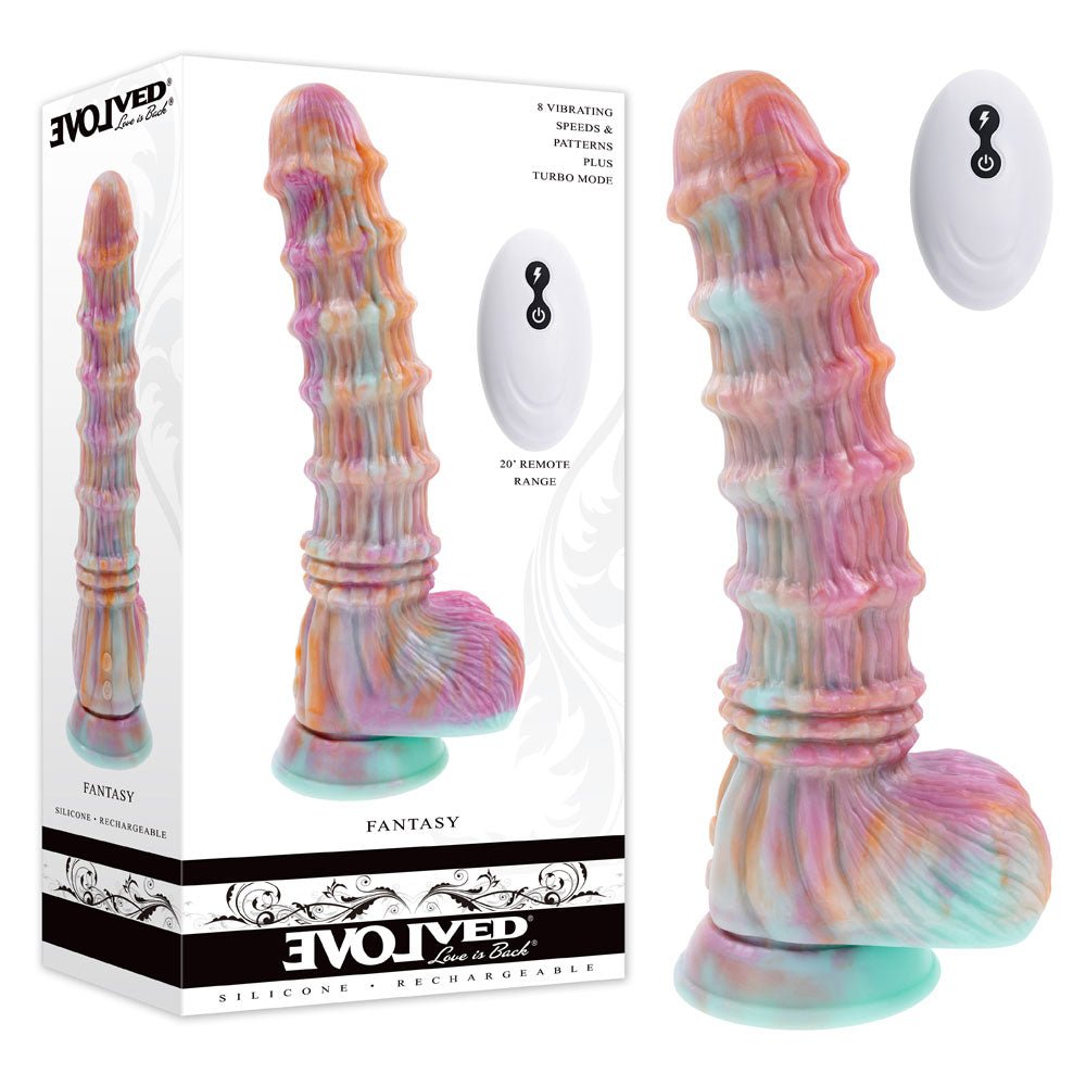 Evolved FANTASY - Multicoloured 27.6 cm USB Rechargeable Vibrating Fantasy Dildo with Remote - Pleasure Den