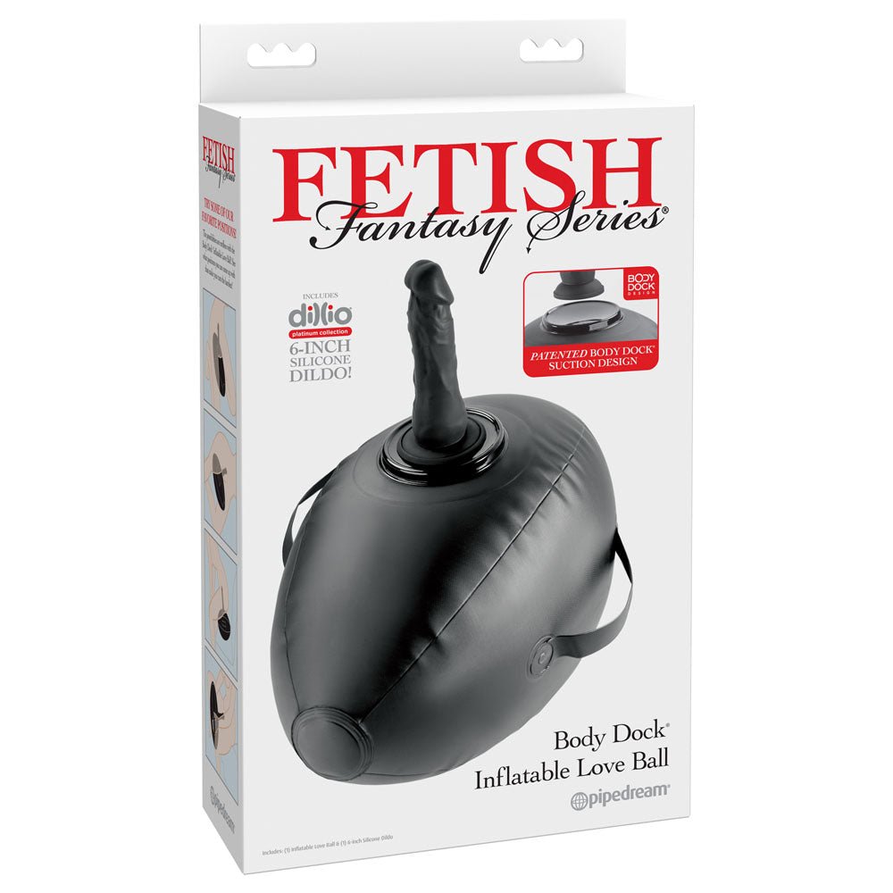 Fetish Fantasy Series Body Dock Inflatable Love Ball - Black Inflatable Cushion with Black 15.2 cm Dildo - Pleasure Den