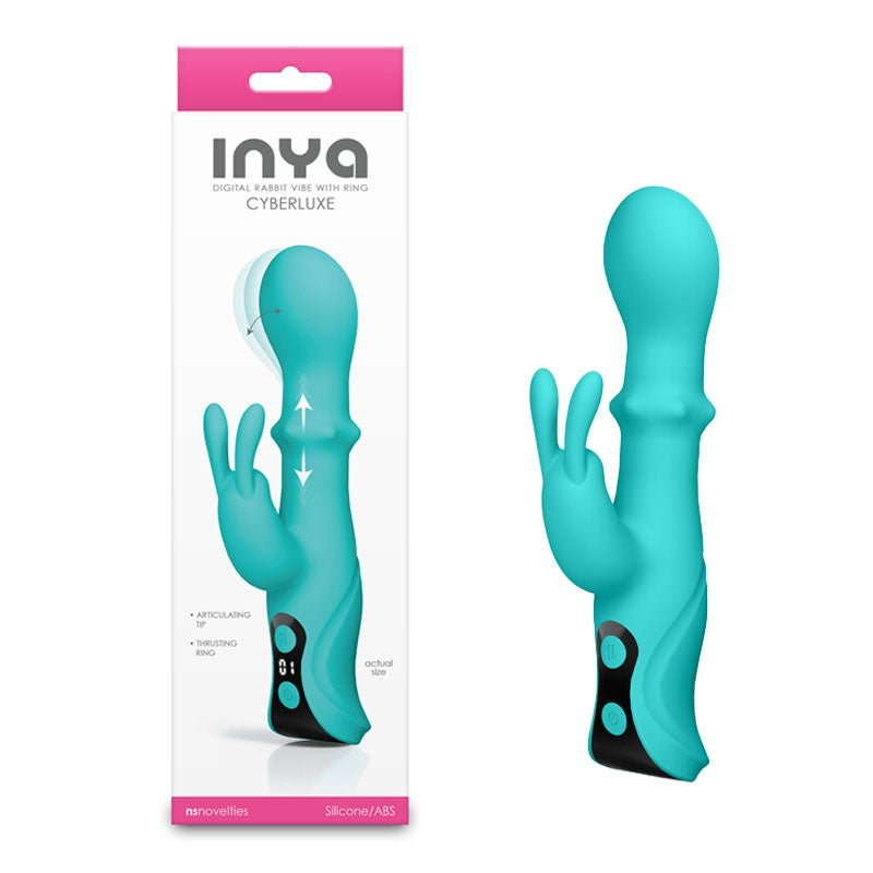 INYA Cyberluxe - Aqua - Aqua 18 cm USB Rechargeable Rabbit Vibrator with Sliding Ring Shaft - Pleasure Den