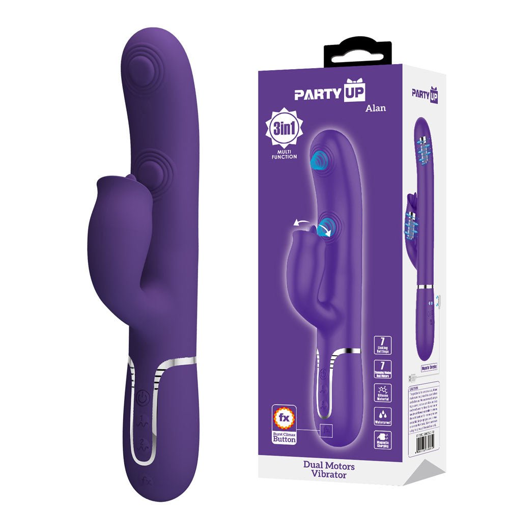 Party Up ALAN Dual Motor Vibrator - 22.8 cm USB Rechargeable Vibrator with Licking Clit Stimulator and Thumping Shaft - Pleasure Den