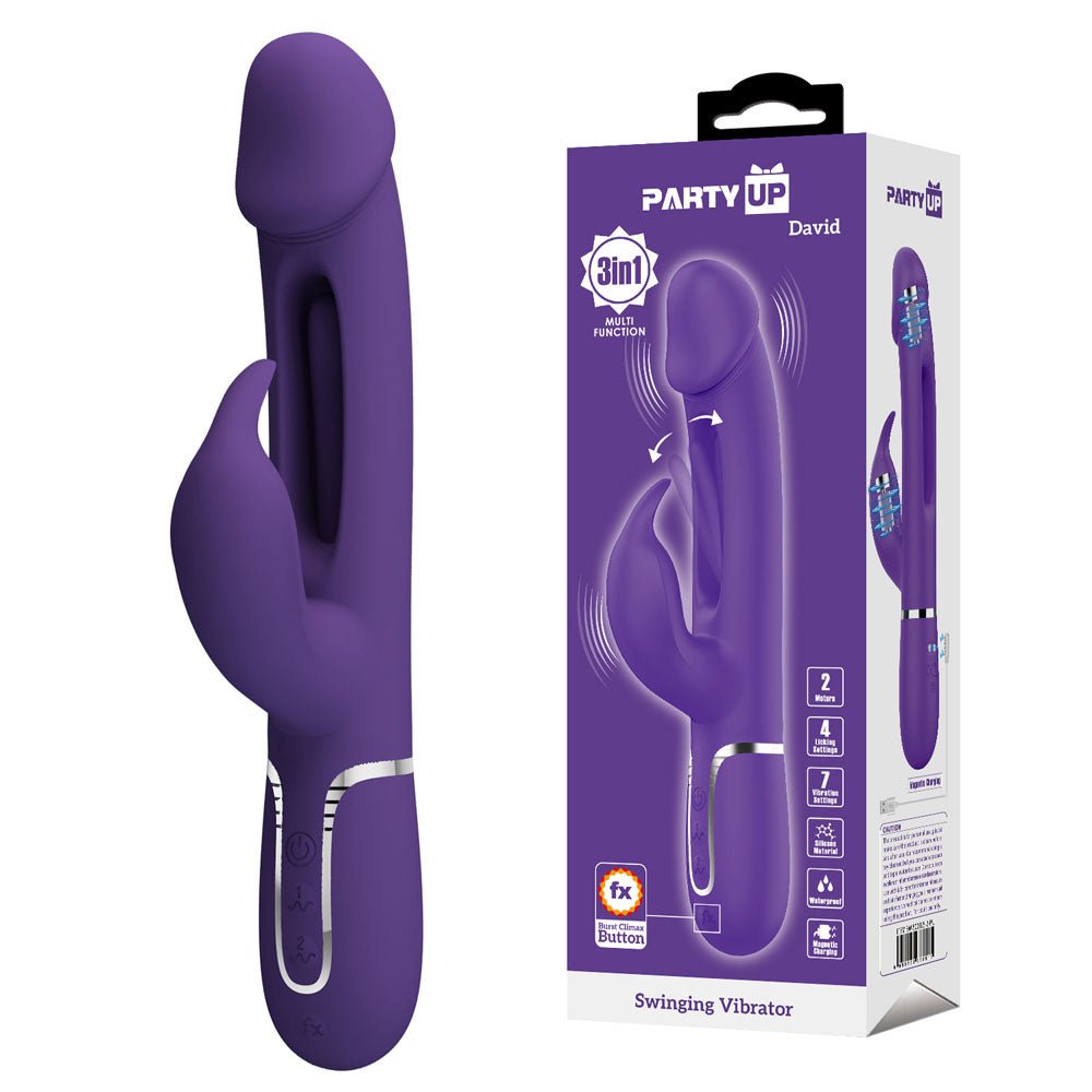 Party Up DAVID Swinging Vibe - 23.2 cm USB Rechargeable Rabbit Vibrator with Flicking Arm - Pleasure Den