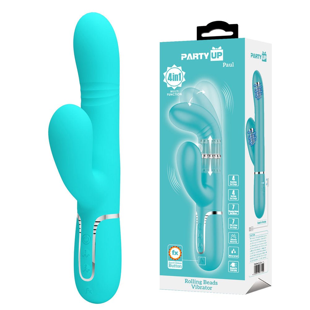 Party Up PAUL Rolling Beads Vibrator - Teal - Teal 22.6 cm USB Rechargeable Thrusting Rabbit Vibrator - Pleasure Den