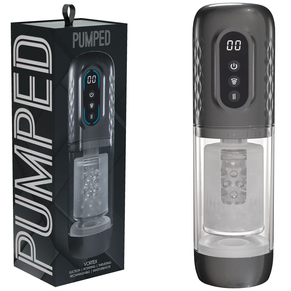 PUMPED Vortex - Gunmetal - Gunmetal Grey/Clear USB Rechargeable Sucking Rotating and Thrusting Auto Masturbator - Pleasure Den