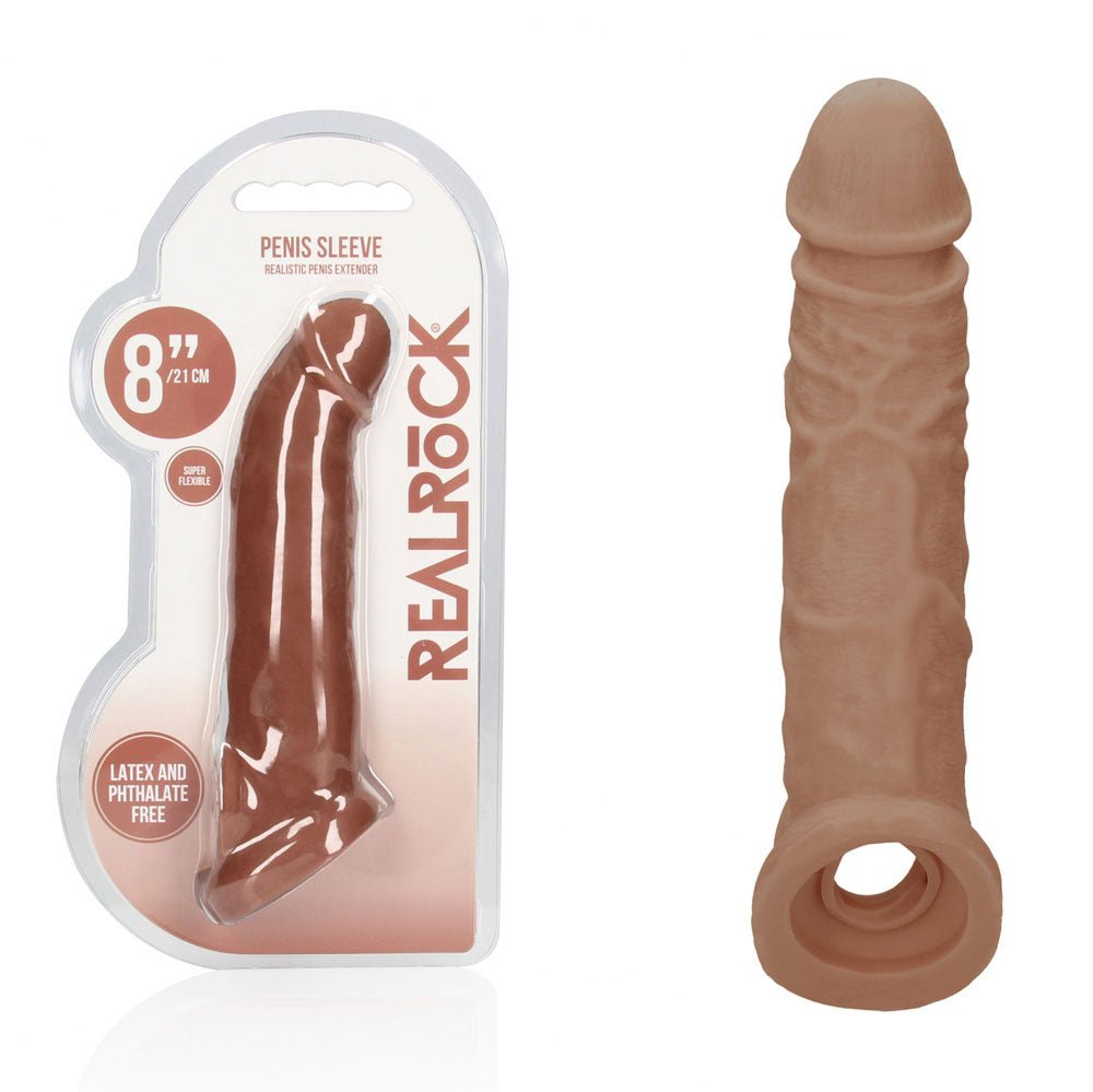 REALROCK 8'' Realistic Penis Extender with Rings - Tan - Tan 20.3 cm Penis Extension Sleeve - Pleasure Den
