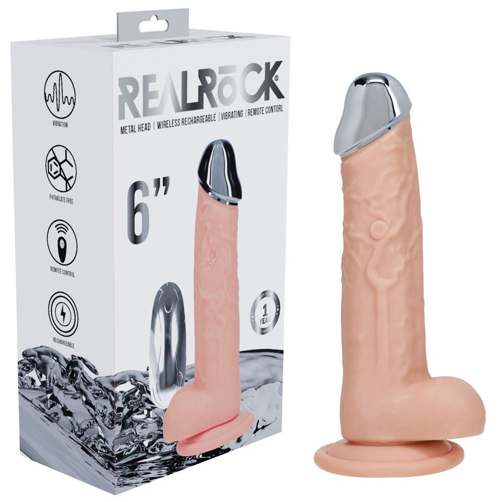REALROCK Metal Head 6'' Rechargeable Dildo - 16.2 cm USB Rechargeable Vibrating Dildo with Metal Head and Wireless Remote - Pleasure Den