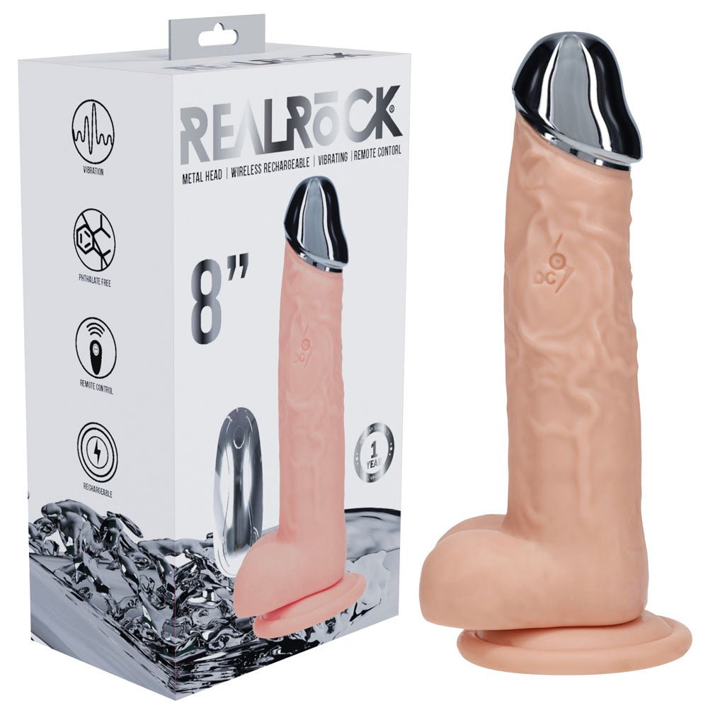 REALROCK Metal Head 8'' Rechargeable Dildo - 22 cm USB Rechargeable Vibrating Dildo with Metal Head and Wireless Remote - Pleasure Den