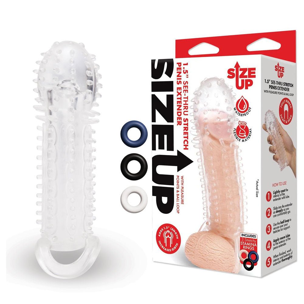 Size Up 1.5 Inch See-Thru Stretch Penis Extender - 3.8 cm (1.5'') Penis Extension Sleeve - Pleasure Den