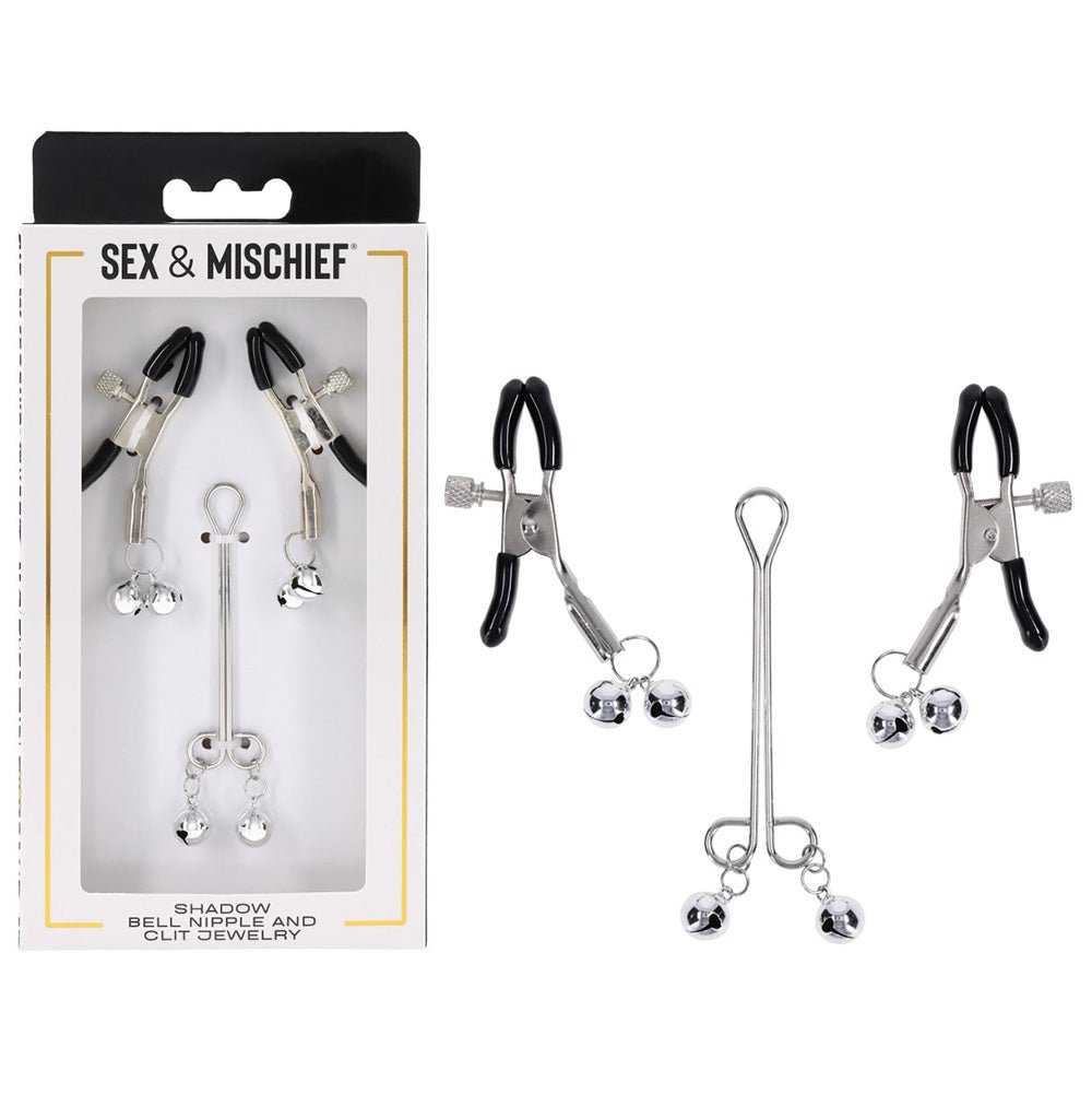 S&M Shadow Bell Nipple and Clit Jewelry - Metal Nipple Clamps and Clitoris Clamp - Pleasure Den
