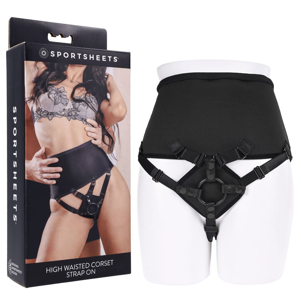 SPORTSHEETS High Waisted Corset Strap On - Adjustable Strap-On Harness (No Probe Included) - Pleasure Den
