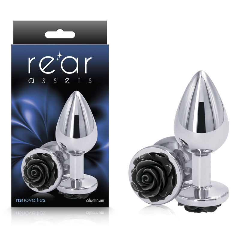 Rear Assets Rose - Medium - 8.9 cm Metal Butt Plug with Black Rose Base