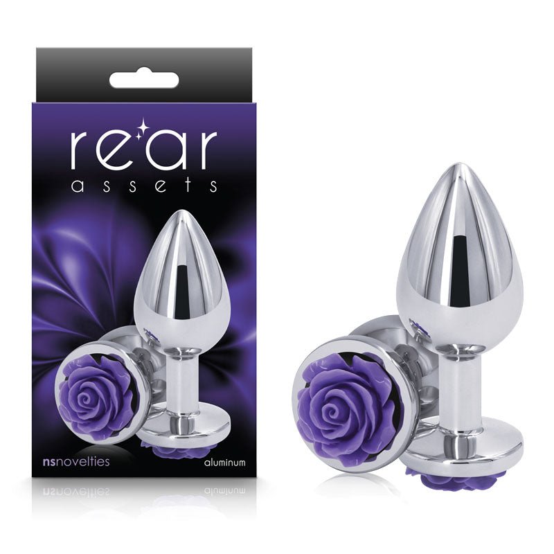 Rear Assets Rose - Medium - 8.9 cm Metal Butt Plug with Purple Rose Base - Pleasure Den