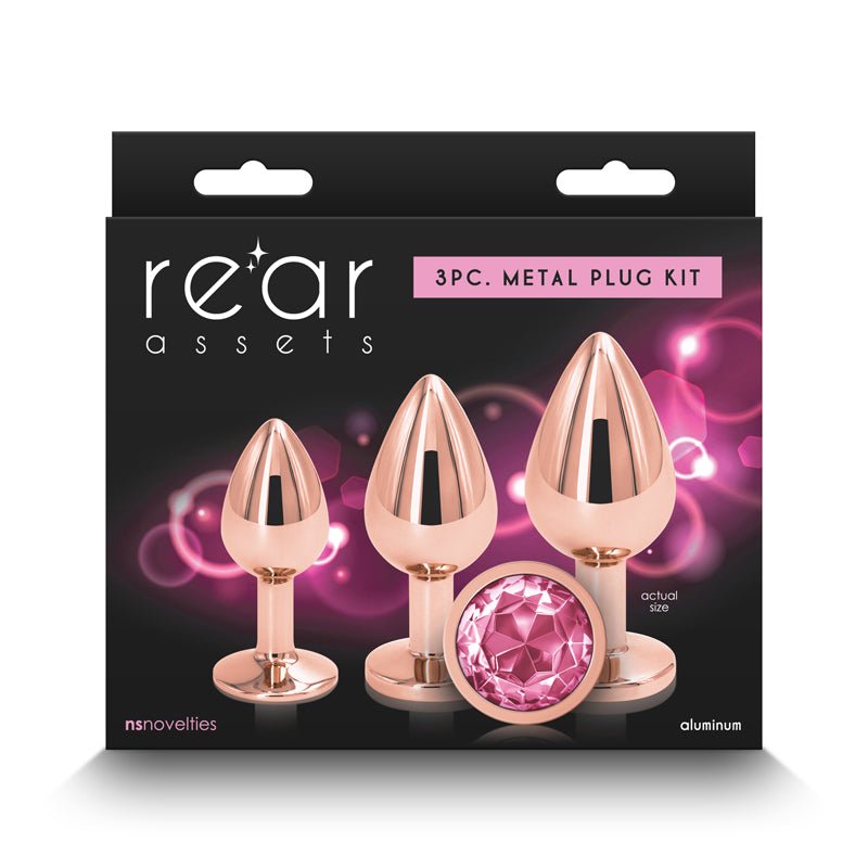 Rear Assets Trainer Kit - Pink - Metallic Butt Plugs with Pink Gems - Set of 3 Sizes - Pleasure Den
