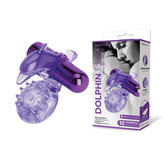 Bodywand Rechargeable Dolphin Ring with Clit Ticklers -  USB Rechargeable Vibrating Cock Ring