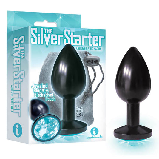 The Silver Starter - Anodised  7.1 cm (2.8'') Butt Plug with Aqua Round Jewel