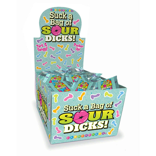 Suck A Bag Of Sour Dicks Counter Display - Sour Fruit Flavoured Lollies - Counter Display of 100 Party Packs