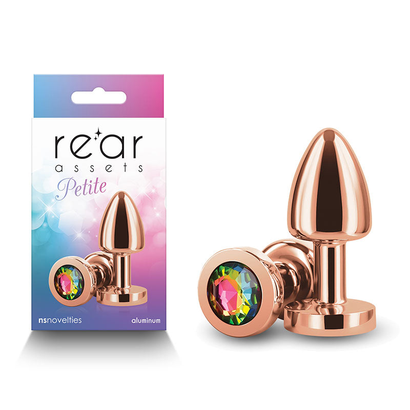 Rear Assets Petite -  with Rainbow Gem -  6 cm Metal Butt Plug with Rainbow Round Gem Base