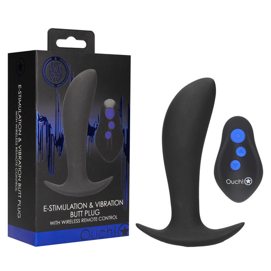 OUCH! e-Stim & Vibrating Butt Plug with Wireless Remote -  12.3 cm USB Rechargeable Vibrating Butt Plug with e-Stim