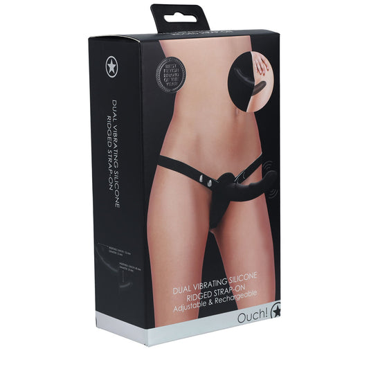 OUCH! Dual Vibrating Silicone Ridged Strap-On -  -  USB Rechargeable Dual Vibrating Strap-On