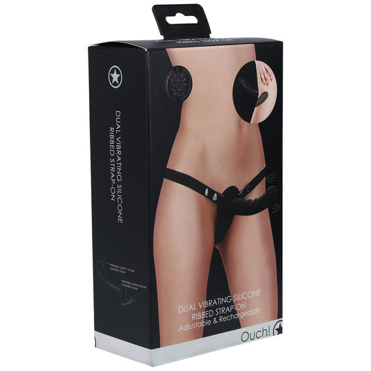 OUCH! Dual Vibrating Silicone Ribbed Strap-On -  -  USB Rechargeable Dual Vibrating Strap-On