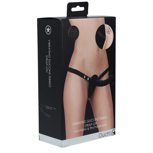 OUCH! Vibrating Silicone Ribbed Strap-On -  -  USB Rechargeable Strap-On