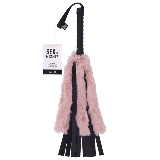 Sex & Mischief Brat Faux Fur Flogger -  50 cm Whip with Pink Faux Feather