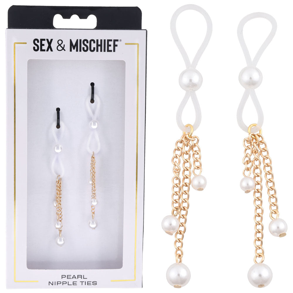 Sex & Mischief Pearl Nipple Ties - Gold/Pearl Nipple Restraints - Set of 2