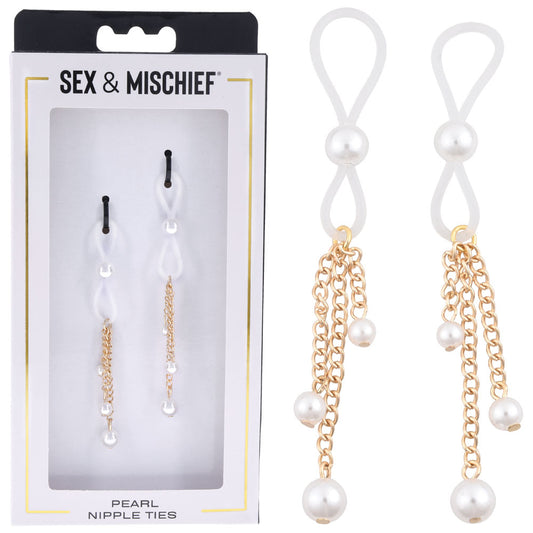 Sex & Mischief Pearl Nipple Ties - Gold/Pearl Nipple Restraints - Set of 2