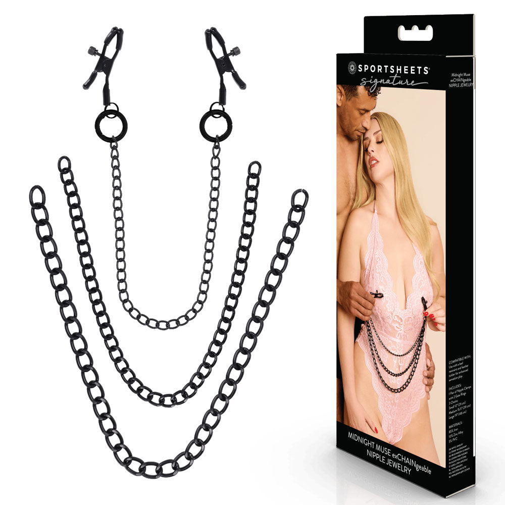 SPORTSHEETS Signature Midnight Muse exCHAINgeable Nipple Jewelry -  Nipple Clamps with Chain