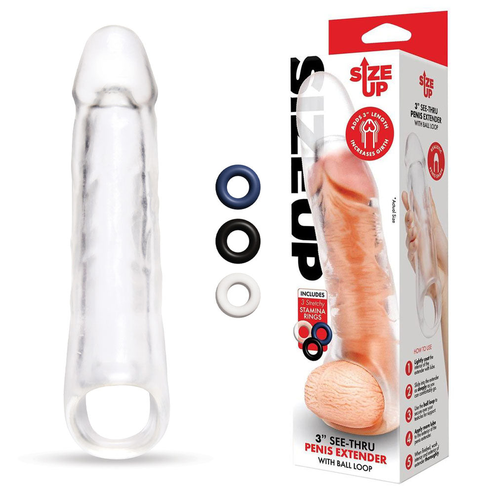 Size Up 3 Inch See-Thru Penis Extender with Ball Loop -  7.6 cm (3'') Penis Extension Sleeve