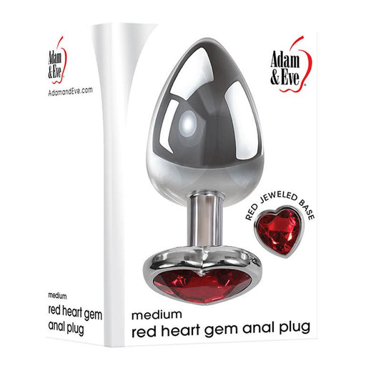 Adam & Eve Red Heart Gen Anal Plug - Medium - Metallic 8.25 cm Butt Plug with Heart Gem Base - Pleasure Den