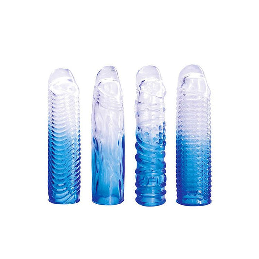 Adam & Eve SAPPHIRE Sleeve Set - Clear Penis Sleeve Set - Set of 4 - Pleasure Den