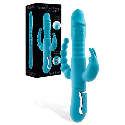 Adam & Eve THRUSTING TRIPLE JOY RABBIT - Teal 25.4 cm USB Rechargeable Rabbit Vibrator with Anal Probe - Pleasure Den