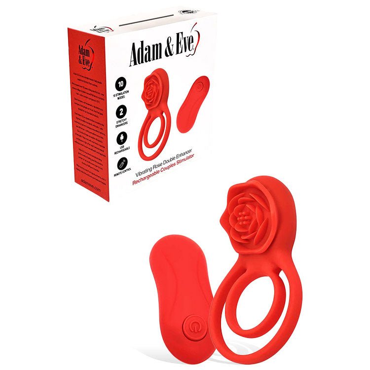 Adam & Eve VIBRATING ROSE DOUBLE ENHANCER - USB Rechargeable Cock & Balls Ring with Remote - Pleasure Den