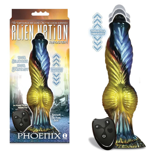 Alien Nation - Phoenix - Gold/Blue & Black 25.4 cm USB Rechargeable Thrusting Fantasy Dong with Remote - Pleasure Den