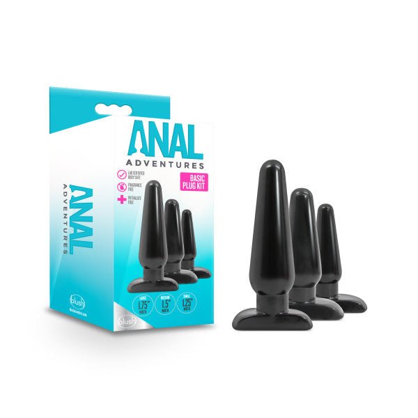 Anal Adventures Basic Plug Kit - Black Butt Plugs - Set of 3 Sizes - Pleasure Den