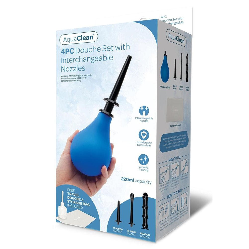 AquaClean 4 Piece Douche Set with Interchangeable Nozzles - 220 ml Capacity with Free Travel Douche Included - Pleasure Den