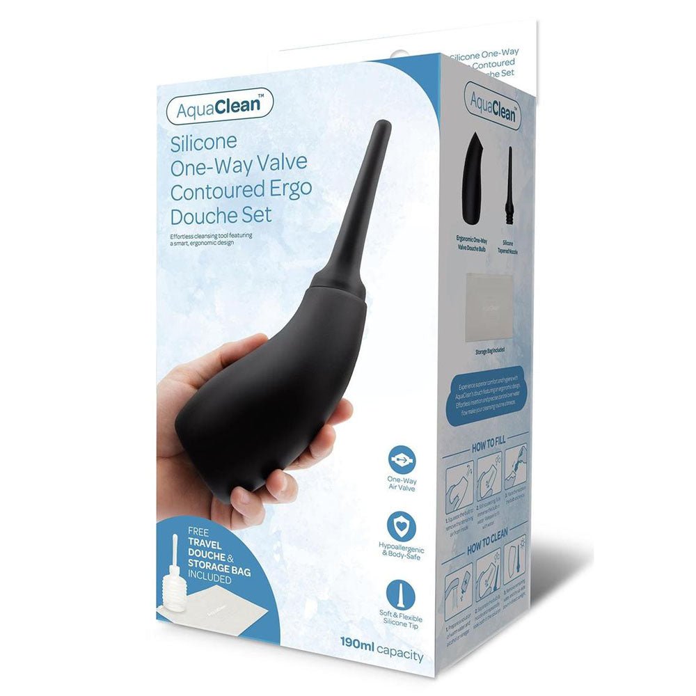 AquaClean Silicone 1-Way Valve Contoured Ergo Douche Set - 190 ml Capacity with Free Travel Douche Included - Pleasure Den